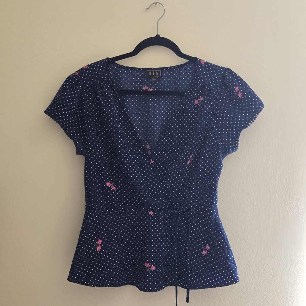 Lily Navy Wrap Blouse with Pink Floral Accents